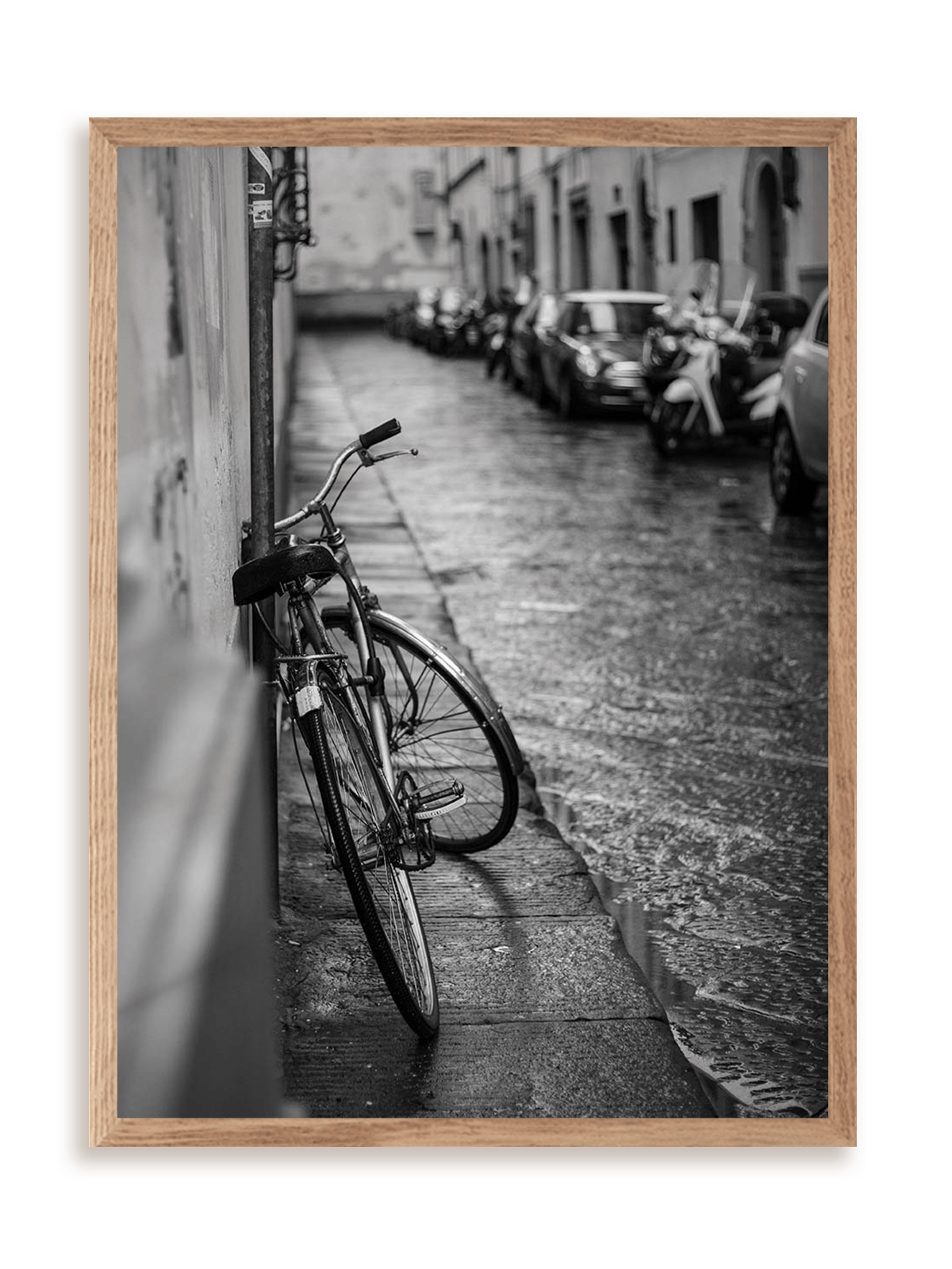 Plakat Deszczowy rower w ramie drewnianej
