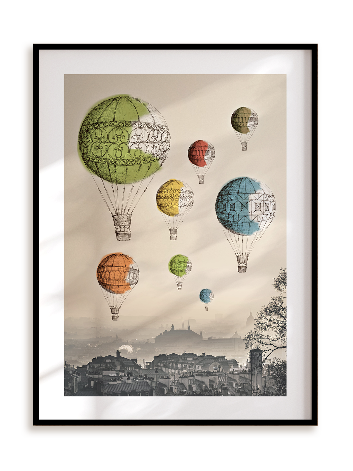 Plakat Balony nad miastem w ramie aluminiowej