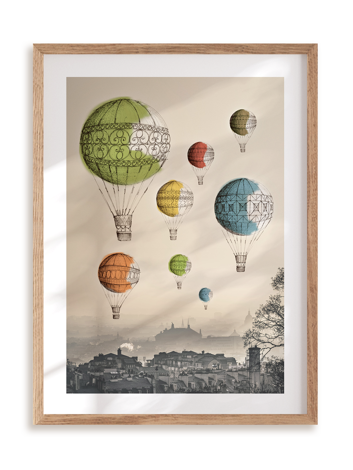 Plakat Balony nad miastem w ramie drewnianej