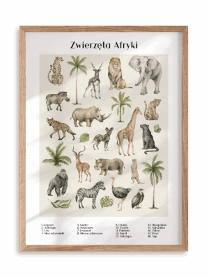 Plakat Zwierzęta Afryki w ramie drewnianej