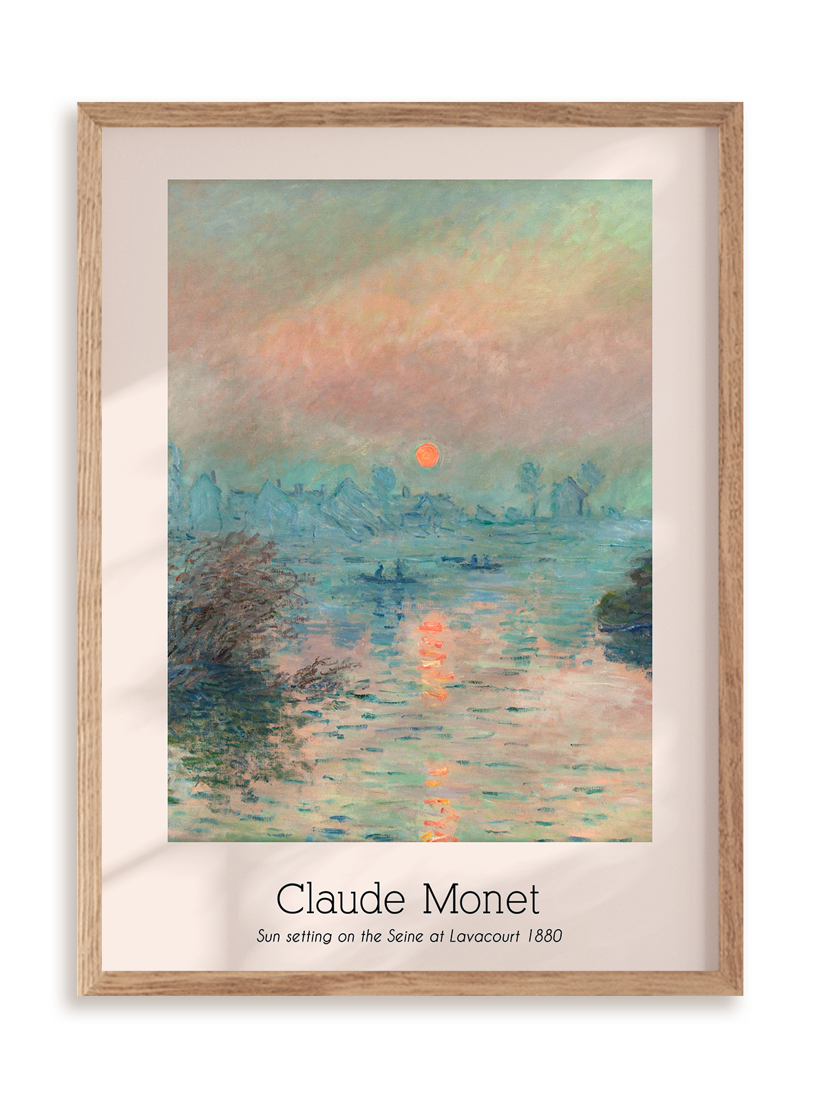 Plakat Claude Monet - Sun setting on the Seine at Lavacourt (1880) w ramie drewnianej